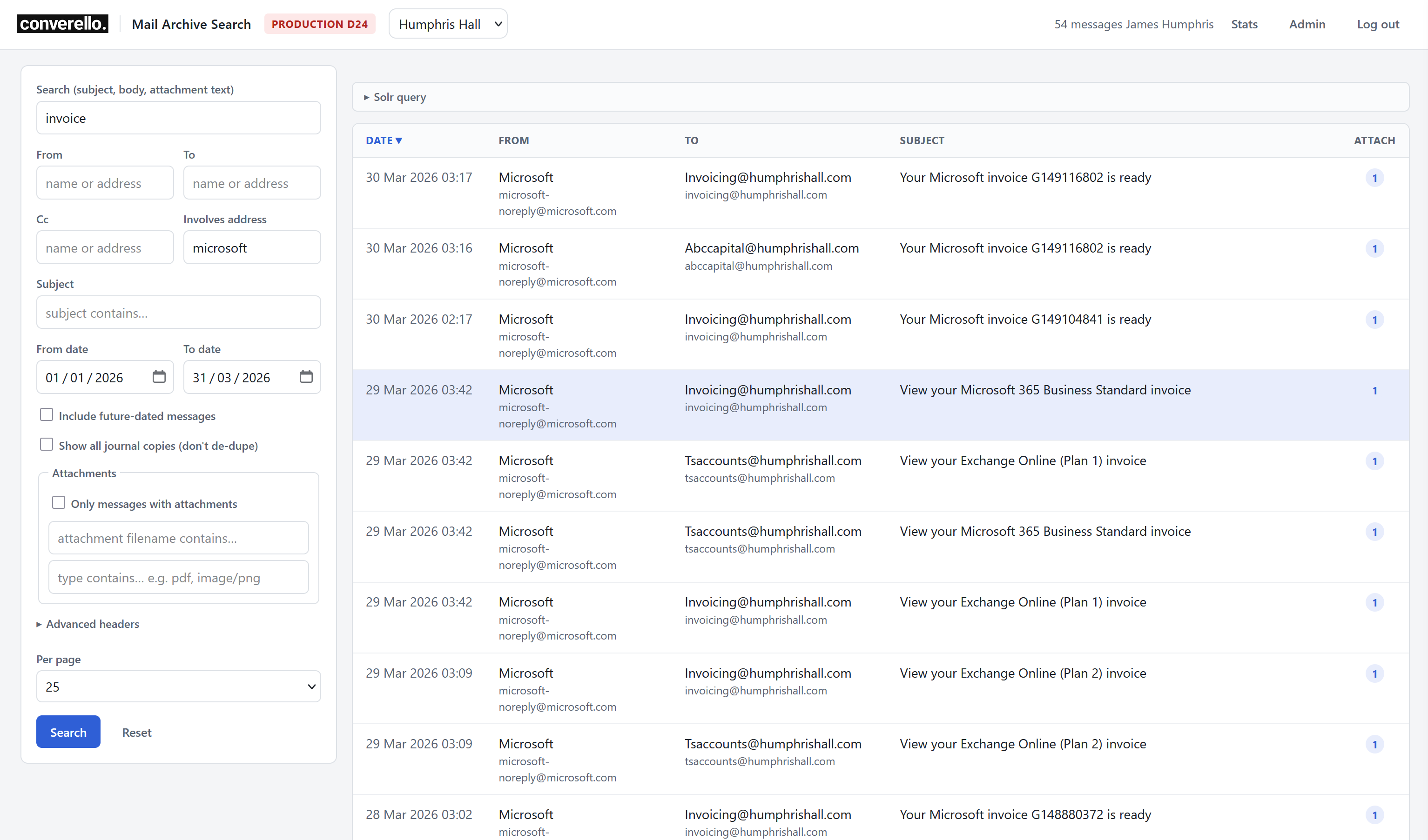 Converello mail archive search interface with search filters and a results table.